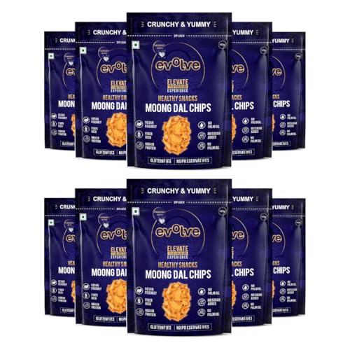 Image of Evolve Moong Dal Chips Healthy Snacks | Roasted, Gluten Free Snacks, No Palm Oil & Artifical colors, Moong Dal Snack, Peri Peri Flavor - 100gm Pack of 10