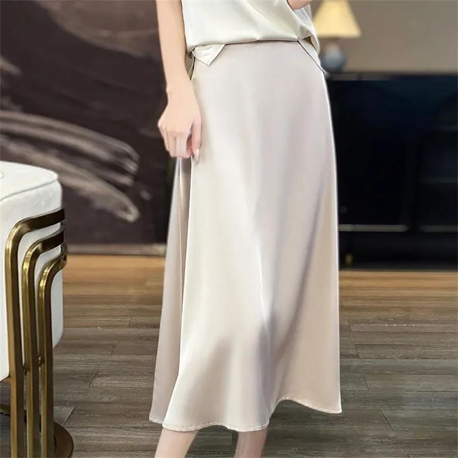 Women's Satin Midi Skirt Loose Solid Office Daily Skirt for Summer A-Line Zipper Closure4