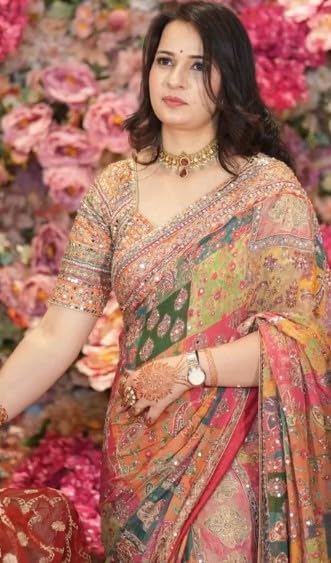 Image of Women's Chinon Silk Saree with Printed Design, Mirror Work & Zari Woven Detailing | Ethnic Wear Saree with Unstitched Blouse Piece | Traditional Festive & WeddingWear