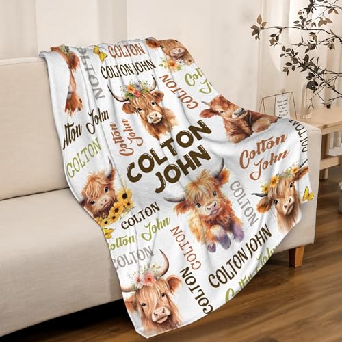 Image of Custom Name Blanket with Cow Pattern, Highland Cow Custom Name Gifts for Boys Girls,Soft Flannel Butterfly Sunflower Print Throw Stuff for Bedroom Sofa Chair Decoration,60 inchx80 inch for Adults