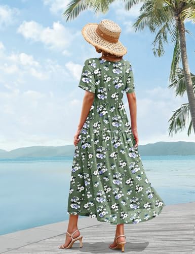 Image of YESNO Women Casual Loose Bohemian Floral Dress with Pockets Short Sleeve Long Maxi Summer Beach Swing Dress EJF