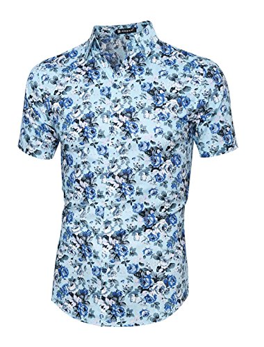 uxcell Men Short Sleeve Single Breasted Floral Prints Shirts Light Blue L