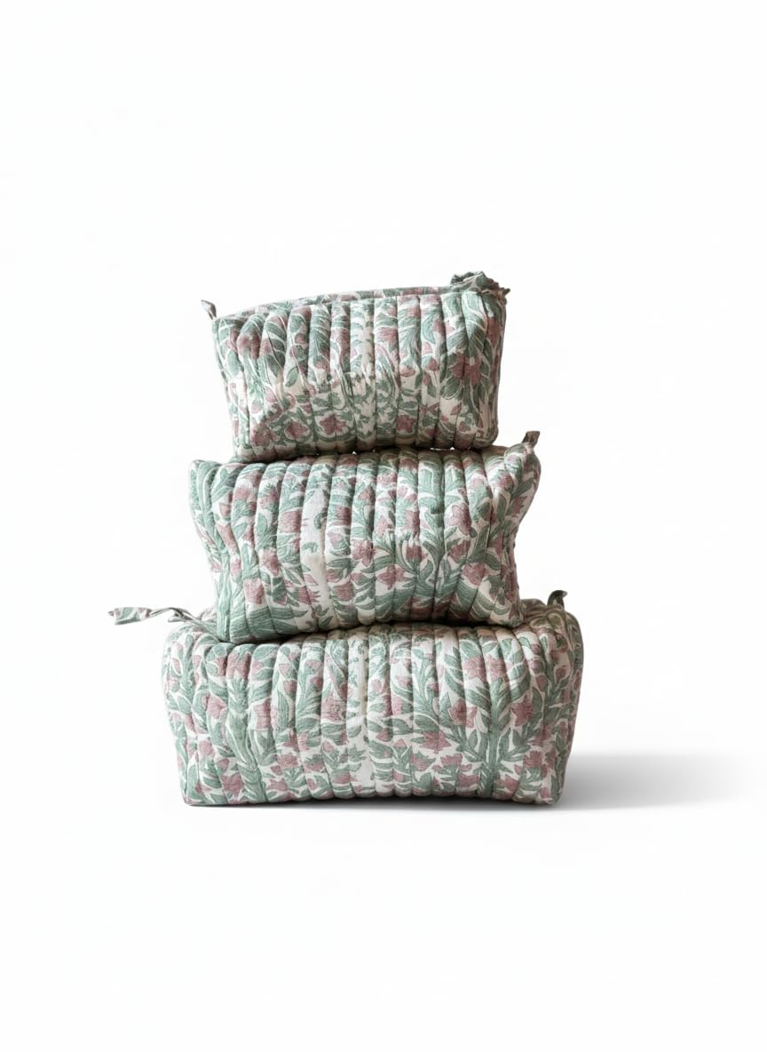 100% Hand Block Cotton Quilted Unisex Storage Pouches Set of 3,Versatile Travel Kit Holder & Home Organizer, Large, Medium & Small Sizes.-picture-51