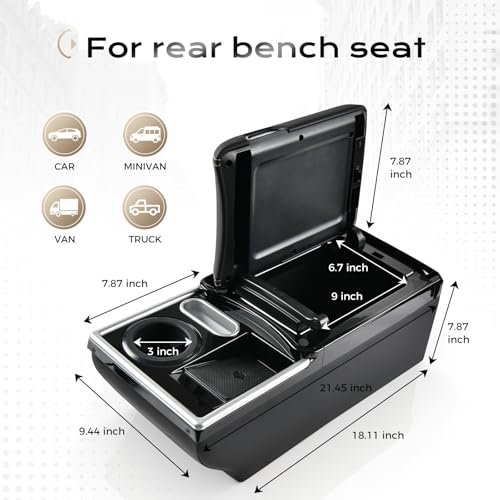 Image of Coverado Center Console, Universal Bench Seat Center Console, Truck Back Seat Car Organizer with Cup Holder, Rear Central Car Armrest Box with Storage, Black