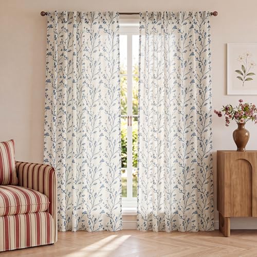 Image of Floral Linen Shree Printed Curtains 120 Inches Light Filtering Vintage Farmhouse, Back Tab Rod Pocket Cottage Core Drapes for Living Room Bedroom Dining Room, Navy Blue on Beige, 2 Panels