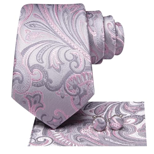 Image of Hi-Tie Men Ties Sets Silk Stripe Paisley Necktie Pocket Square Cufflinks for Business Wedding