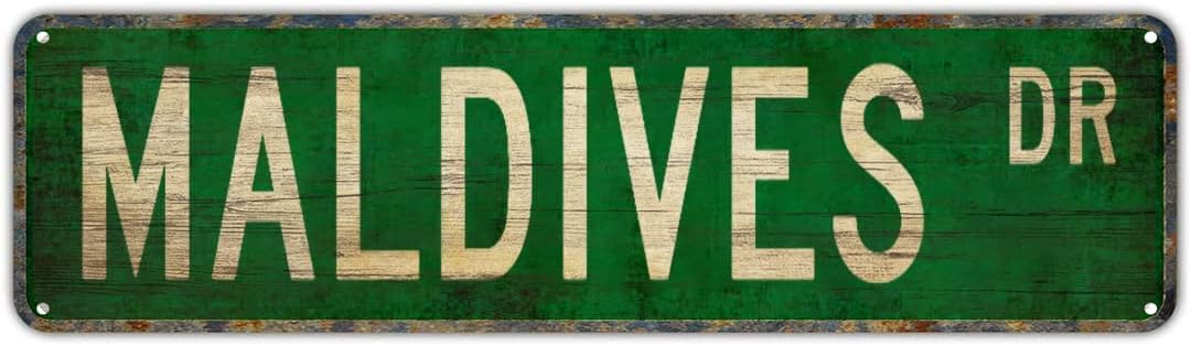 Peiyeety A001 Vintage Metal Tin Sign Decorative Wall Art Maldives Dr Themed Street Sign, Rustic Style, Durable Waterproof Rustproof, For Home, Travel Decor, Beach, Easy To Mount, 4X16 Inch