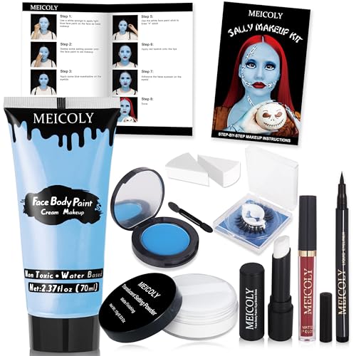 MEICOLY Sally Makeup Kit Complete Sally Corpse Bride Makeup Set for Halloween SFX Stage Theater Blue Face Body Paint Cosplay Setting Powder for Face Paint Single Blue Eyeshadow White Eye Black