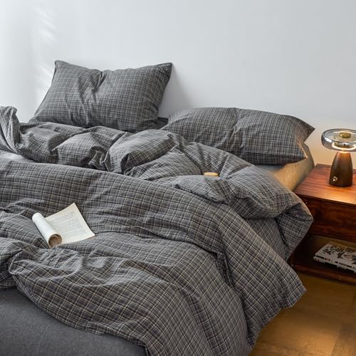 Image of EAVD Vintage Style Grey Plaid Gingham Duvet Cover Full 100% Washed Cotton Like Linen Feel Soft Grid Plaid Bedding Set with 2 Pillowcases Farmhouse Grid Geometric Pattern Duvet Cover with Zipper
