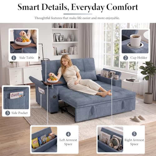 Image of Dreamzie 65'' Convertible Sleeper Sofa Bed with Swivel Side Table, Chenille Pull Out Couch for Living Room, Loveseat Sleeper Couch with Hidden Storage Space | Charging Port | Cup Holders, Blue