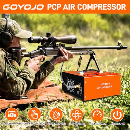 GOYOJO PCP Air Compressor | Max 4500 PSI | Dual Power Car 12V DC or Home 110V AC | Fast Fill for Air Rifle, Paintball, Scuba Tanks | Auto Shut-Off | Built-in Cooling Fan | 300W Oil-Free PCP Pump
