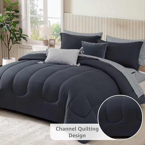Image of Monbix King Size Comforter Set - 7 Pieces Bed in a Bag King, Blue Grey Track Stitching Bedding Sets with Comforter, All Seasons Comforter Bed Set with Sheets, Pillowcases & Shams