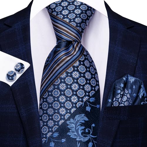 Image of Hi-Tie Men 63inches Tie Set Extra Long Necktie Paisley Tie Pocket Suqare Cufflinks Big and Tall Men Tie,Blue White Floral