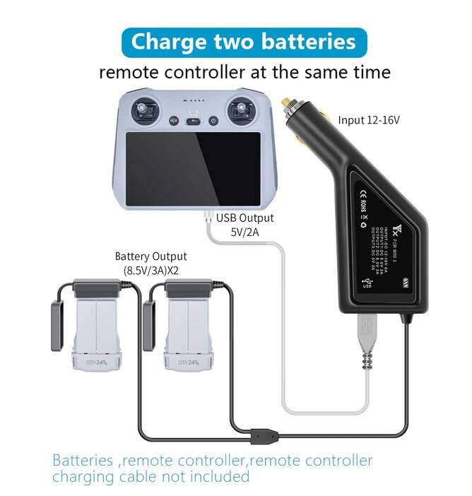 Coyktonty Battery Charger Car Charger for DJI Mini 4 Pro/Mini 3 Pro Drone,Charges Two Batteries and Transmitter at The Same time