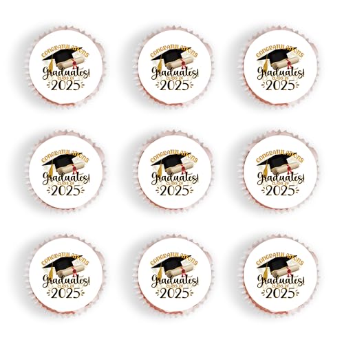 48PCS Graduation Hat Edible Cupcake Toppers Wafer Paper Class of 2025 Grad Cap Cupcake Picks for 2025 Graduation Theme Party Cake Decorations Supplies