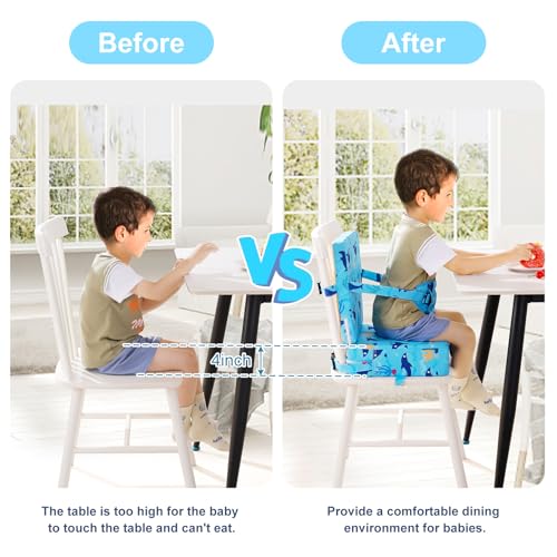 Image of Toddler Booster Seat for Dining Table, Dinosaur Booster Seat for Table with Backrest and Adjustable Seat Belts Non-Slip Bottom Portable Booster Seat Increasing Cushion for Kid Baby Eating Travel Home