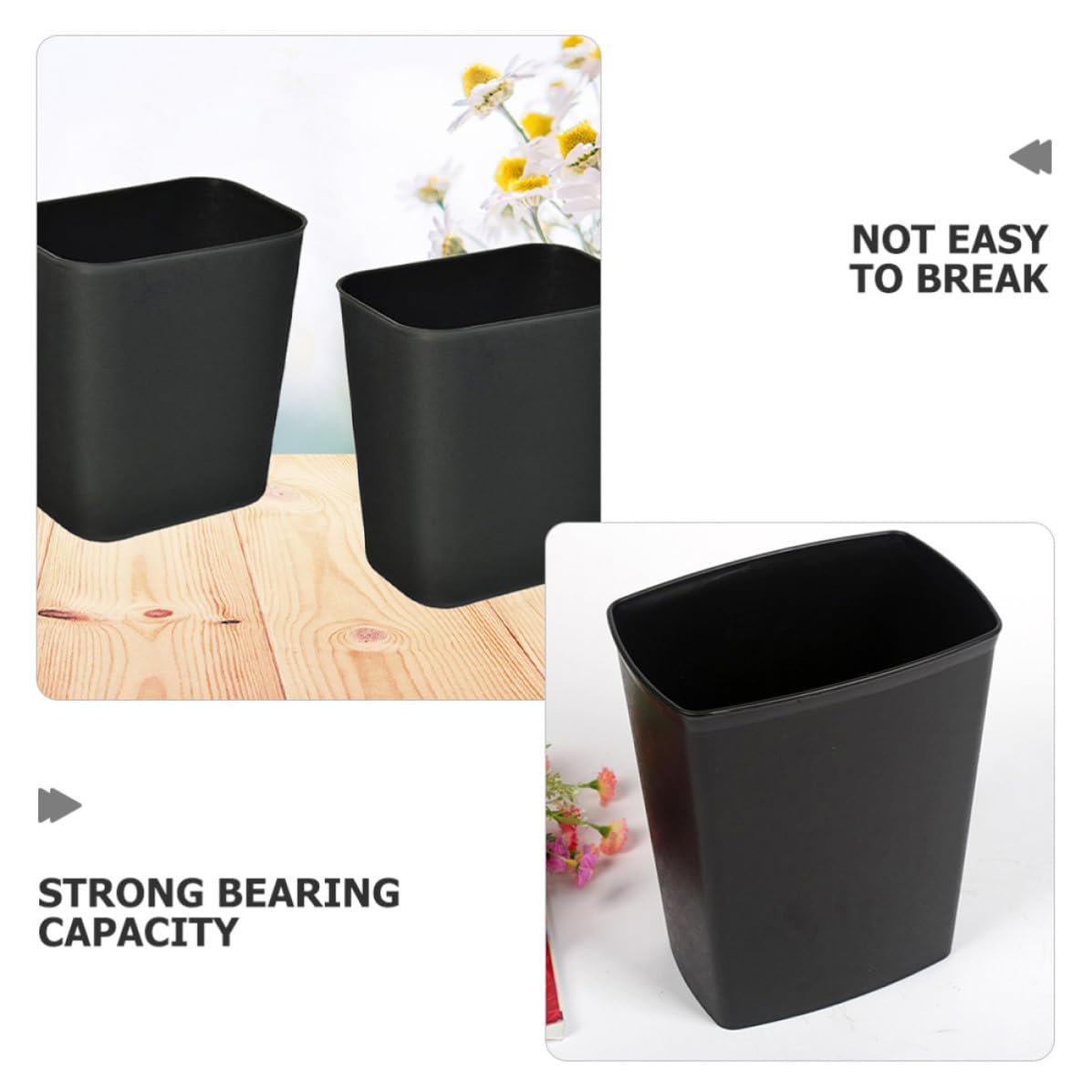 Mikinona Papelera para Dormitorio 14L sin Tapa 2Piezas ABS Negro para Hogar e Interiores
