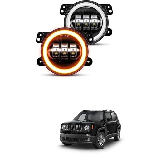 LOVMOTO 4 inch LED fog lights with DRL and Amber Turn Signal Fog Light Round White Light LED Fog Light Assembly Fog Lamp Compatible with All Cars Comfortable For Je-ep Reneg-ade