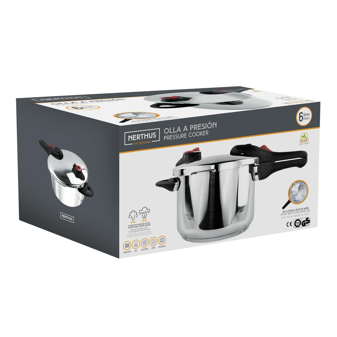 Nerthus FIH 1582 pentola a pressione acciaio inox 6 l con 2 livelli di pressione base full induction compatibile con tutti i piani cottura chiusura di sicurezza e precisione elevata