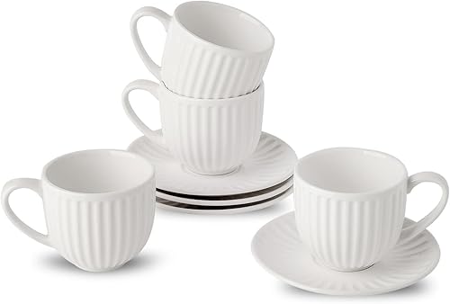 Hasense Juego de 4 tazas de espresso con platillos de 4 onzas, tazas de capuchino acanaladas de cerámica para café, expreso, doble shot, café con