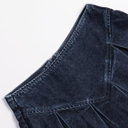 Women's Casual High Waisted Pleated Denim Skirt Frayed Mini A-Line Jean Skirt3