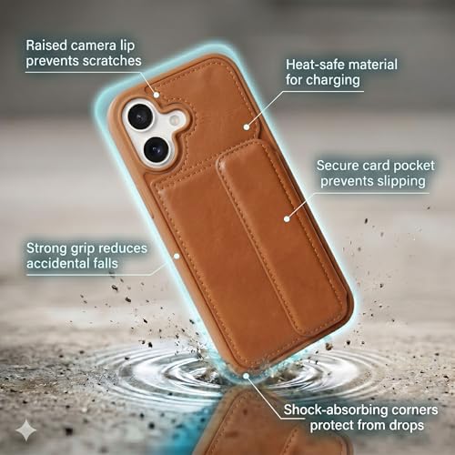 Image of amazon basics Luxury Vegan Leather Back Cover for iPhone 16 | Built-in Card Holder Slot | Integrated Mobile Stand | Slim Shockproof Protective Case with Stitched Finish - Tan