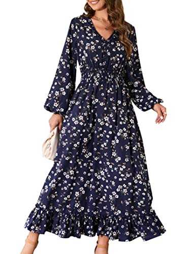 MISSKY Casual V Neck Boho Floral Print Wedding Guest Maxi Dresses for Women Bohemian Flowy Maxi Dress