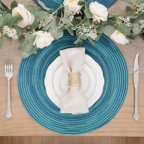 Image of SHACOS 15 inch Round Placemats Set of 6 Variegated Multicolor Place Mats Cotton Polyester Braided Non Slip Washable Heat Resistant Table Mats for Home Wedding Dinner Party Table Decor, Rainbow Teal