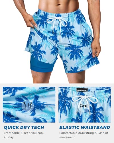 Image of SURF CUZ Mens Swim Trunks with Compression Liner Swim Shorts 7 inch Swimming Trunks Stretch 7 Inch Swim Suits Quick Dry