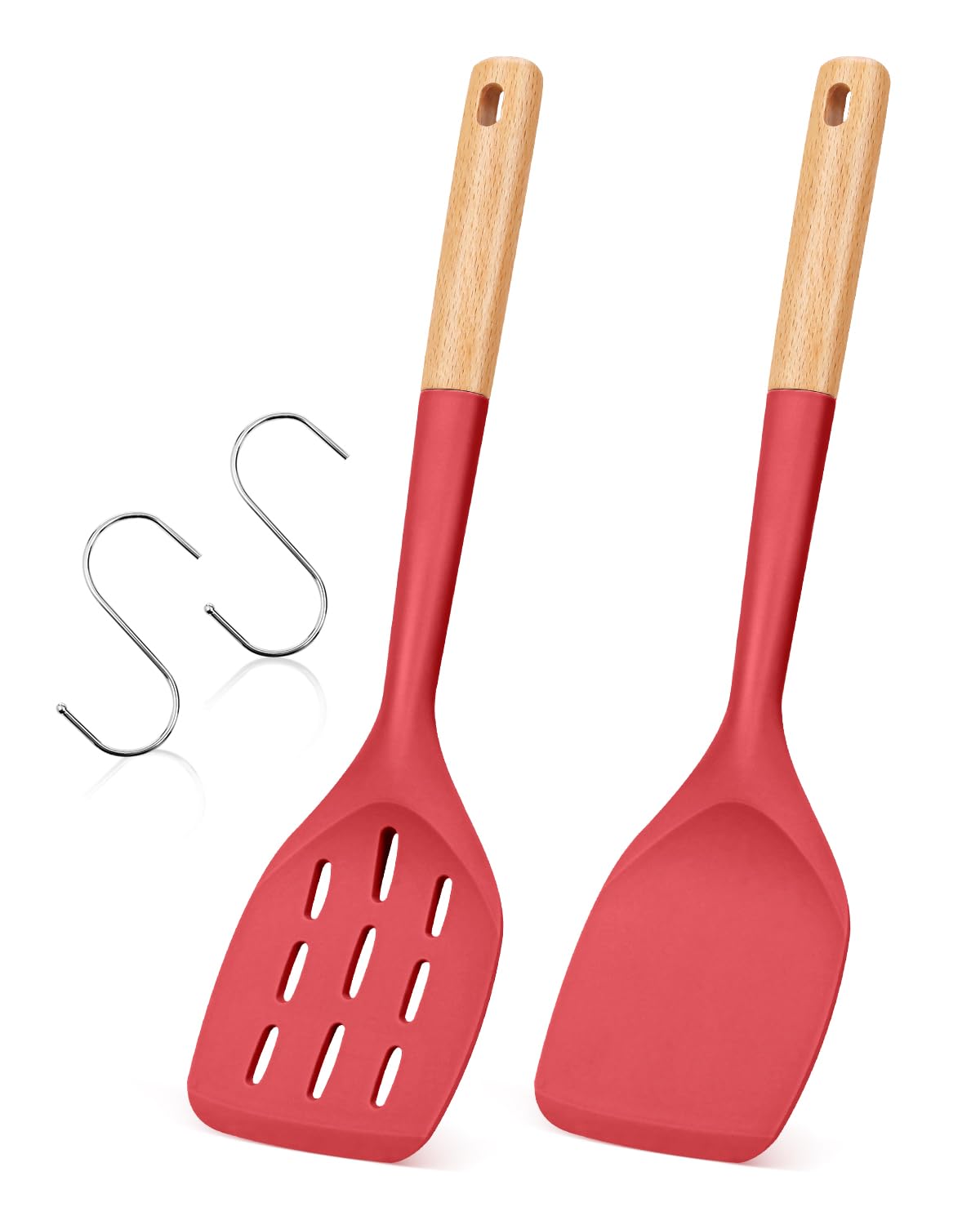 Pack of 2 Silicone Spatula, Non Stick Cooking Utensil Set Wooden Handle Kitchen Turner for Baking Mixing Grilling Serving Food Heat Resistant Non Scratch Hooks Included (Red)