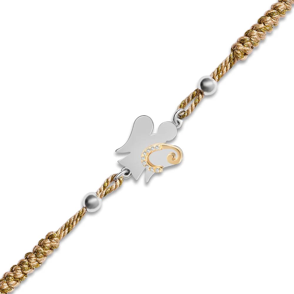 Bracciale con cordino regolabile beige e oro | Angelo e lettera in argento | L'alfabeto degli Angeli | Roberto Giannotti (C)