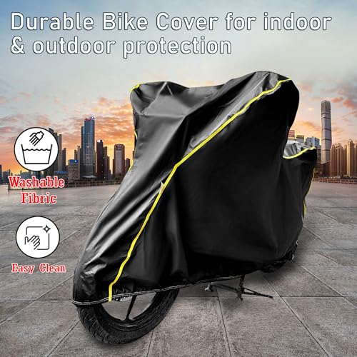Image of Waterproof Bike Cover Compatible with Royal Enfield Meteor 350 Cover with All Weather Protection and Triple Stitch, Heavy Buckle with Storage Bage & Black with Yellow Piping