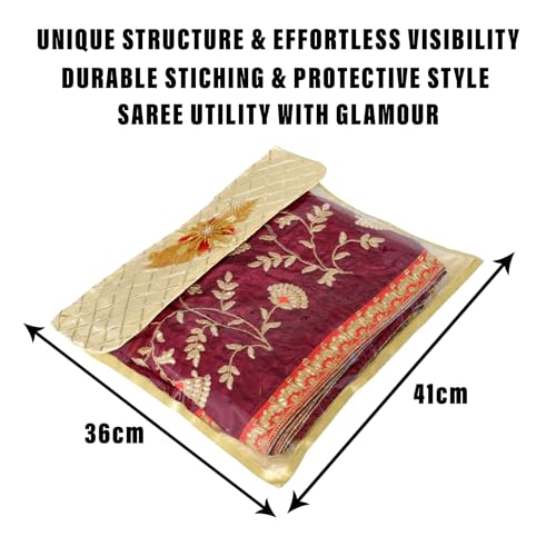 Image of Kuber Industries satin Saree Cover|Clothes Storage Bag|Single Packing Saree with Velcro|Wardrobe Organizer|Cloth Stoarge Organizer|Check Jama Brooch-Design|Pack of 6|Golden