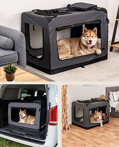 lionto Hundetransportbox faltbar für Reise & Auto, 101x69x70 cm, stabile Transportbox mit Tragegriffen & Decke für Katzen & Hunde bis 25 kg, robuste Hundebox aus Stoff für klein & groß, grau