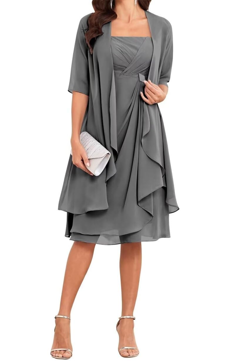 Wseyu Women's Grey 2 Pieces Mother Of The Bride Dresses Long Sleeve Formal Evening Prom Gown Tea Length Zm274 Uk16