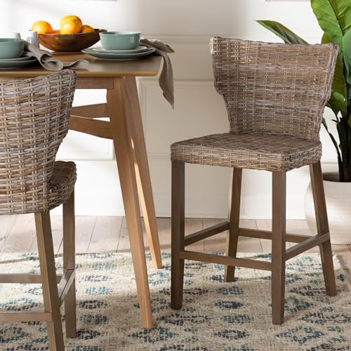 Butaco moderno bohemio Bali & Pari Enver de ratán kubu gris y madera de caoba miniatura 2