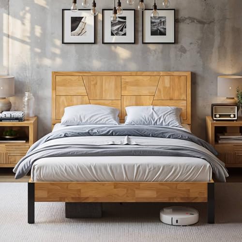 Image of Bme Trapeze Queen Bed Frame - Modern Solid Wood Bed with Smooth Pattern Headboard, Black Metal Legs, Light Natural Finish - Durable Queen Size Platform Bed for Contemporary Bedrooms