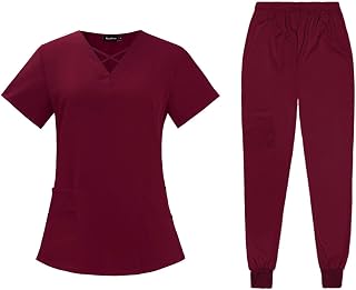 Women Scrubs Sets Scrub Top and Trousers Elastic Waist Workwear Soft Nurses Uniform Work Clothing for Healthcare Pet Groomer, Red, XXL
