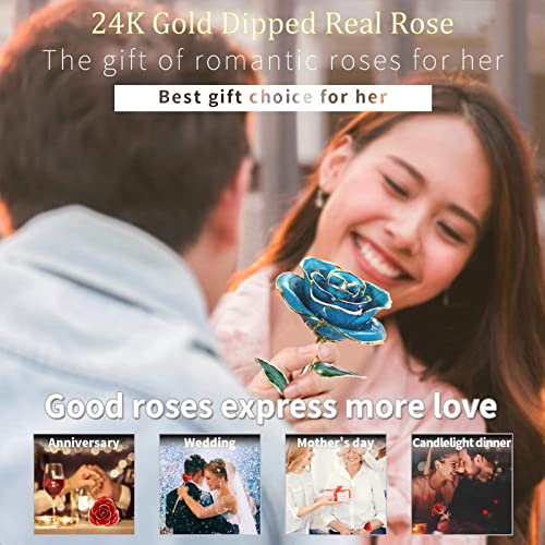 Image of Romantic Rose Gift for her,Eternity Gold Rose Flower 24k Gold Dipped Rose and Romantic Gift for her Rose,SkyBlue with Stand