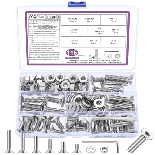 115 STK M8 Schrauben Set, M8 Senkkopfschrauben Set, Flachkopf Innensechskantschrauben Muttern Set, Maschinenschrauben mit Muttern Set, Gewindeschrauben und Muttern Sortiment mit Unterlegscheiben Set 115 STK M8 Schrauben Set, M8 Senkkopfschrauben Set, Flachkopf Innensechskantschrauben Muttern Set, Maschinenschrauben mit Muttern Set, Gewindeschrauben und Muttern Sortiment mit Unterlegscheiben Set