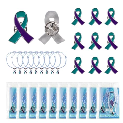WANDIC 10 Sets Pins Ruban Sarcelle et Violet, Épingles Broche en Métal pour La Prévention du Suicide et des Agressions Sexuelles Bracelet Ajustable avec Breloque et Carte de Texte