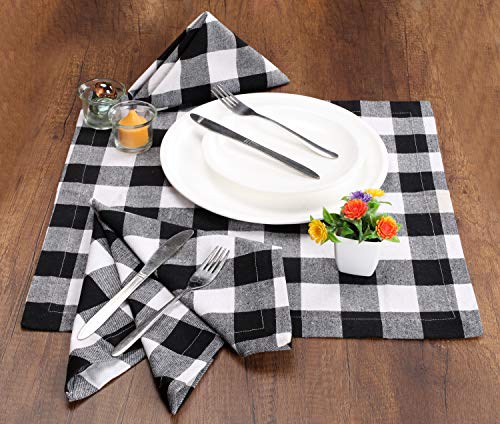 Farmhouse Cloth Napkin Set Of 12 100% Cotton Dinner Napkin Gingham Plaid Check Fabric Mitered Corners & Generous Hem Size 18"X 18" Color Black/White #TOP3