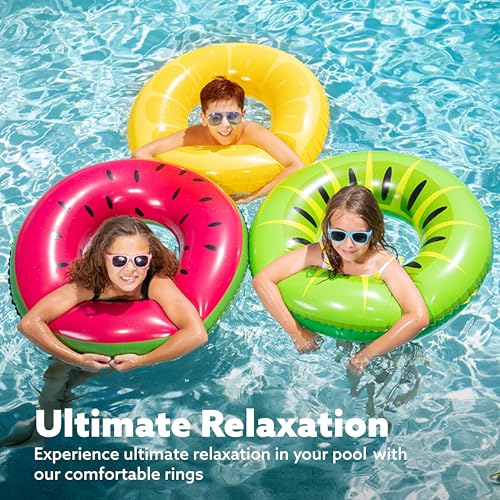 joyin inflatable swim tube raft 3 pack with summer fruits painting pool toys for swimming pool party decorations