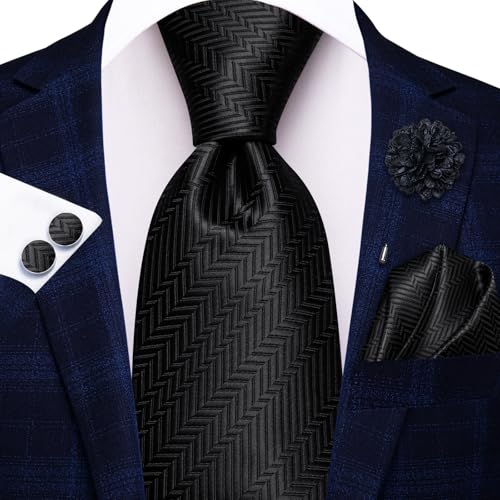 Image of Hi-Tie Men Silk Ties Set with Flower Lapel Pin Necktie Pocket Square Cufflinks for Tuxedo Wedding Business