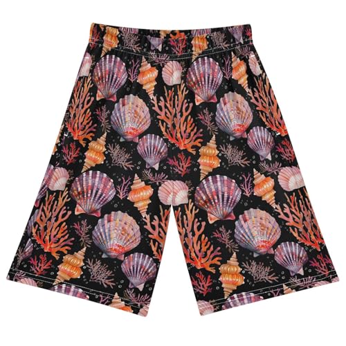 ALAZA Seashell Coral Reef Black Pajama Shorts Elastic Waist Casual Sleep Shorts with Pockets Size 6-14