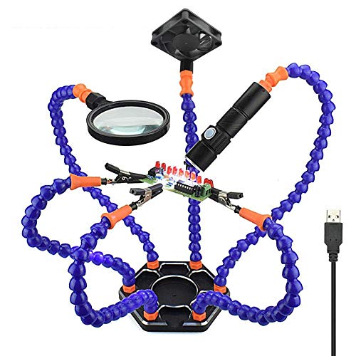 Koimg Multifunktionsschweißlupe Lupenwerkzeug Dritte Hand 5X Tischlupe Hands Free Light Taschenlampe mit Klemme und Krokodilklemmen zum