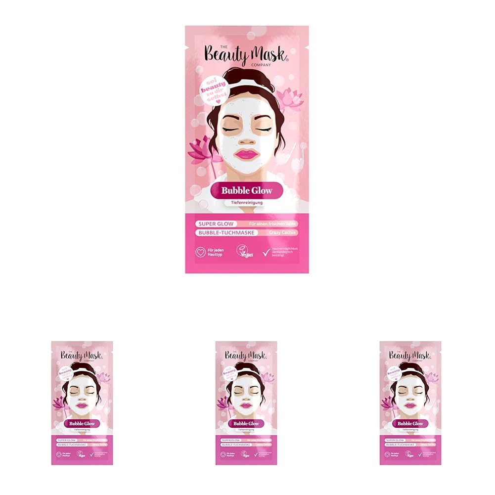 The Beauty Mask Company Crazy Cactus Bubble Mask, 1 Sachets, Reinigungs-Tuchmaske mit Kaktus-, Wasserlilienextrakt & Hyaluron, Hautpflege für jeden Hauttyp, vegan (Packung mit 4)
