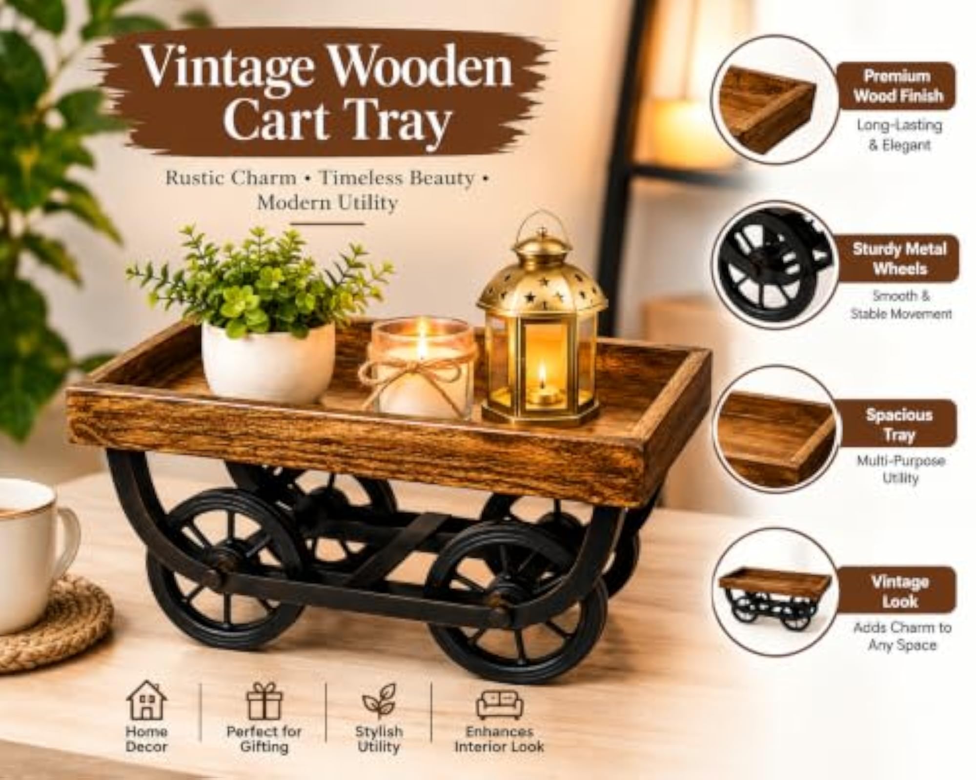 Wooden Serving Trolley Cart with Wheels, Rolling Tea & Coffee Tray