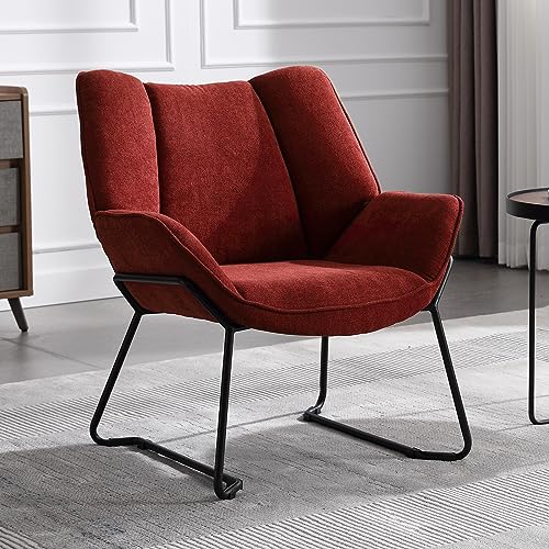 Wahson Silla de Salon Moderno Silla Ocio con Reposabrazos Sillón Chenilla con Patas Negras de Estilo Minimalista para Sala de Estar/Dormitorio,Rojo