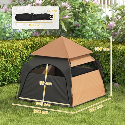 PawHut Haustierzelt, Outdoor Hundezelt, Katzenzelt mit Meshfenster, Tragetasche, Sonnendach, Tragbar Hundehütte für extra große und große Hunde, für Drinnen und Draußen, 120x120x106cm, Dunkelbraun